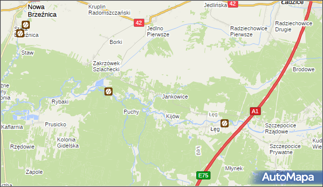 mapa Jankowice gmina Ładzice, Jankowice gmina Ładzice na mapie Targeo