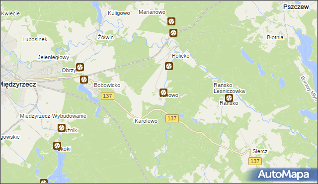 mapa Janowo gmina Pszczew, Janowo gmina Pszczew na mapie Targeo