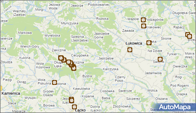 mapa Jastrzębie gmina Łukowica, Jastrzębie gmina Łukowica na mapie Targeo