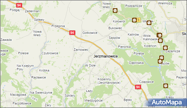 mapa Jerzmanowice gmina Jerzmanowice-Przeginia, Jerzmanowice gmina Jerzmanowice-Przeginia na mapie Targeo