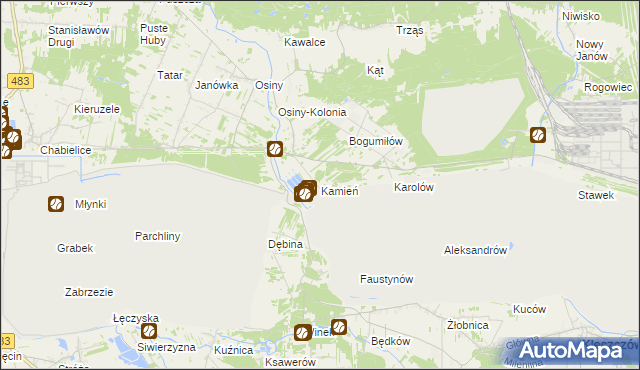 mapa Kamień gmina Kleszczów, Kamień gmina Kleszczów na mapie Targeo