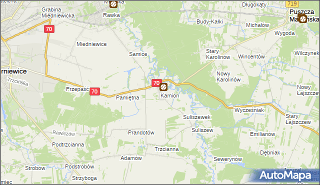 mapa Kamion gmina Puszcza Mariańska, Kamion gmina Puszcza Mariańska na mapie Targeo