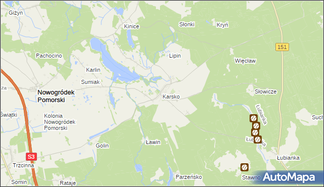 mapa Karsko gmina Nowogródek Pomorski, Karsko gmina Nowogródek Pomorski na mapie Targeo