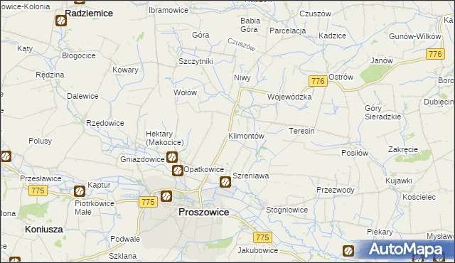 mapa Klimontów gmina Proszowice, Klimontów gmina Proszowice na mapie Targeo