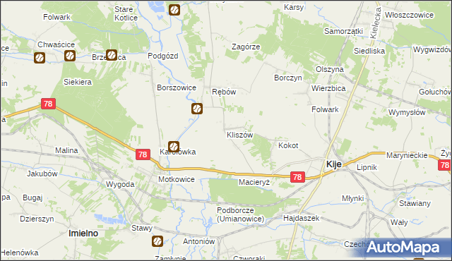mapa Kliszów gmina Kije, Kliszów gmina Kije na mapie Targeo