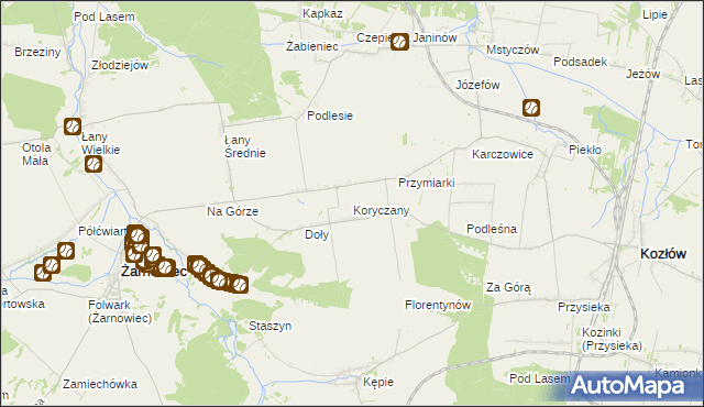 mapa Koryczany, Koryczany na mapie Targeo