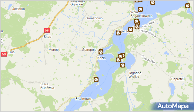 mapa Kozin gmina Giżycko, Kozin gmina Giżycko na mapie Targeo