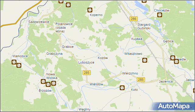 mapa Kozów gmina Gubin, Kozów gmina Gubin na mapie Targeo