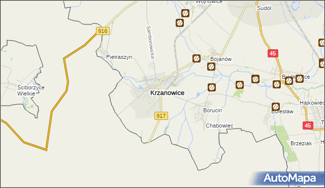 mapa Krzanowice powiat raciborski, Krzanowice powiat raciborski na mapie Targeo