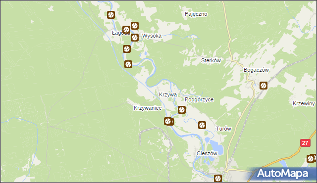 mapa Krzywa gmina Nowogród Bobrzański, Krzywa gmina Nowogród Bobrzański na mapie Targeo