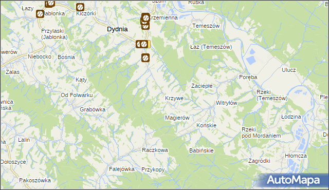 mapa Krzywe gmina Dydnia, Krzywe gmina Dydnia na mapie Targeo