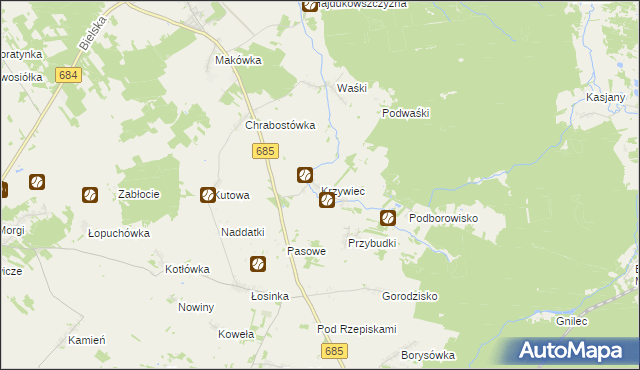 mapa Krzywiec gmina Narew, Krzywiec gmina Narew na mapie Targeo