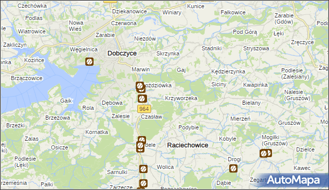 mapa Krzyworzeka gmina Raciechowice, Krzyworzeka gmina Raciechowice na mapie Targeo