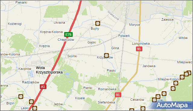 mapa Krzyżanów gmina Wola Krzysztoporska, Krzyżanów gmina Wola Krzysztoporska na mapie Targeo