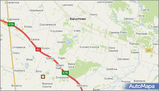 mapa Kurowo-Kolonia gmina Baruchowo, Kurowo-Kolonia gmina Baruchowo na mapie Targeo