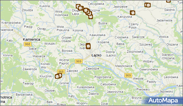 mapa Łącko powiat nowosądecki, Łącko powiat nowosądecki na mapie Targeo