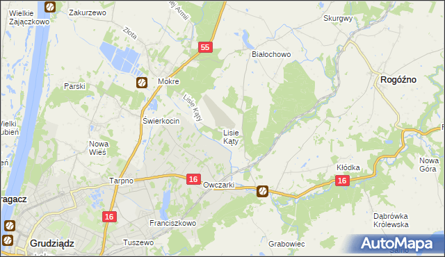 mapa Lisie Kąty gmina Grudziądz, Lisie Kąty gmina Grudziądz na mapie Targeo