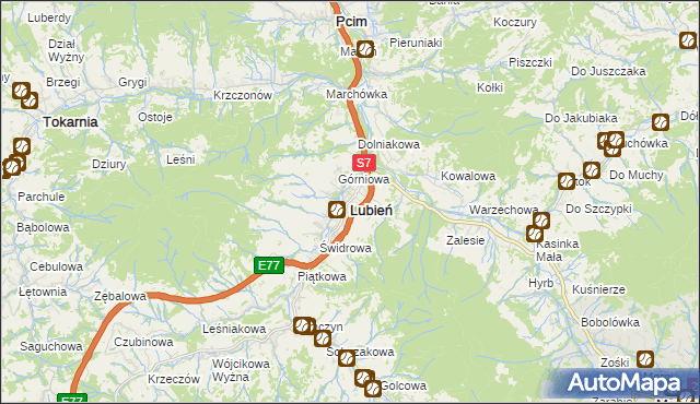 mapa Lubień powiat myślenicki, Lubień powiat myślenicki na mapie Targeo