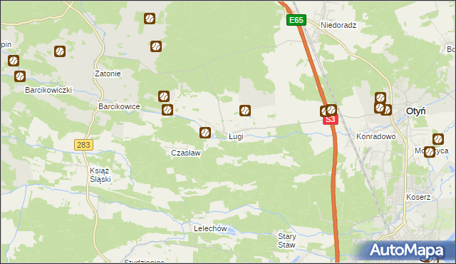 mapa Ługi gmina Otyń, Ługi gmina Otyń na mapie Targeo