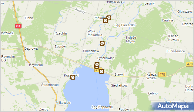 mapa Łyszkowice gmina Pęczniew, Łyszkowice gmina Pęczniew na mapie Targeo