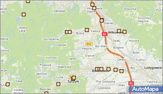 mapa Meszna gmina Wilkowice, Meszna gmina Wilkowice na mapie Targeo