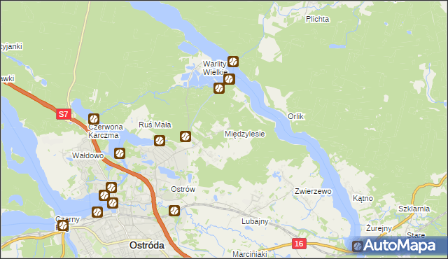 mapa Międzylesie gmina Ostróda, Międzylesie gmina Ostróda na mapie Targeo