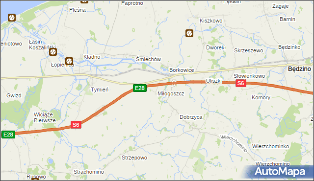 mapa Miłogoszcz gmina Będzino, Miłogoszcz gmina Będzino na mapie Targeo