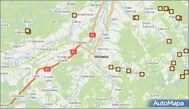 mapa Milówka powiat żywiecki, Milówka powiat żywiecki na mapie Targeo