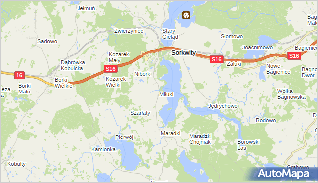 mapa Miłuki gmina Sorkwity, Miłuki gmina Sorkwity na mapie Targeo