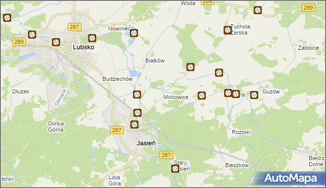 mapa Mirkowice gmina Jasień, Mirkowice gmina Jasień na mapie Targeo