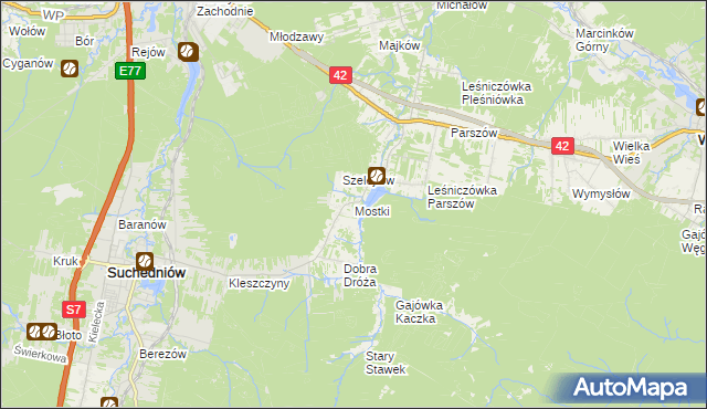 mapa Mostki gmina Suchedniów, Mostki gmina Suchedniów na mapie Targeo