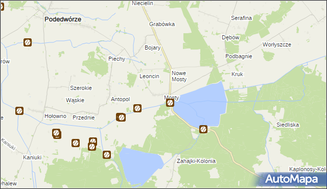 mapa Mosty gmina Podedwórze, Mosty gmina Podedwórze na mapie Targeo