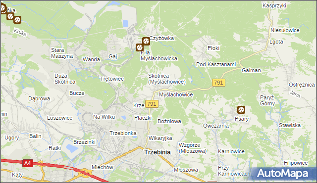 mapa Myślachowice, Myślachowice na mapie Targeo