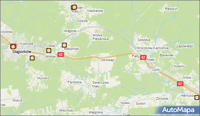 mapa Odrowąż gmina Stąporków, Odrowąż gmina Stąporków na mapie Targeo