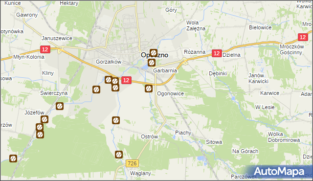 mapa Ogonowice gmina Opoczno, Ogonowice gmina Opoczno na mapie Targeo