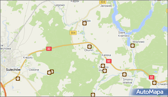 mapa Okunin gmina Sulechów, Okunin gmina Sulechów na mapie Targeo