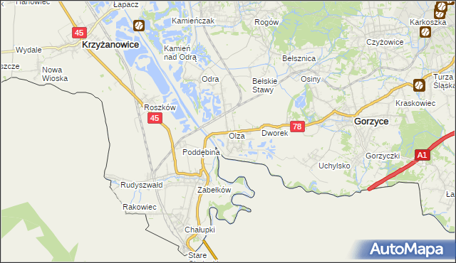 mapa Olza gmina Gorzyce, Olza gmina Gorzyce na mapie Targeo