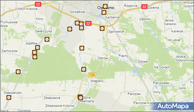 mapa Ostrów gmina Opoczno, Ostrów gmina Opoczno na mapie Targeo