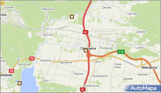 mapa Ożarowice, Ożarowice na mapie Targeo