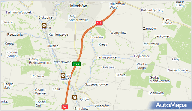 mapa Parkoszowice gmina Miechów, Parkoszowice gmina Miechów na mapie Targeo