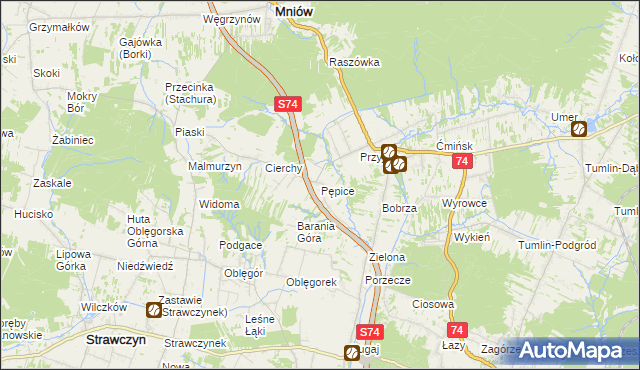 mapa Pępice gmina Mniów, Pępice gmina Mniów na mapie Targeo