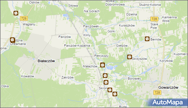 mapa Petrykozy gmina Białaczów, Petrykozy gmina Białaczów na mapie Targeo