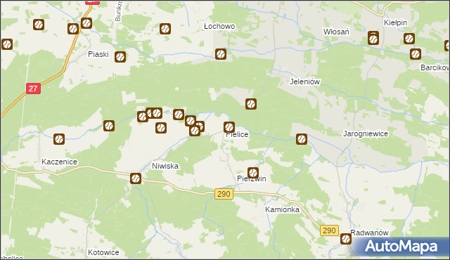 mapa Pielice gmina Nowogród Bobrzański, Pielice gmina Nowogród Bobrzański na mapie Targeo