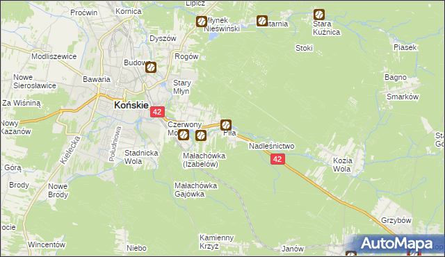 mapa Piła gmina Końskie, Piła gmina Końskie na mapie Targeo