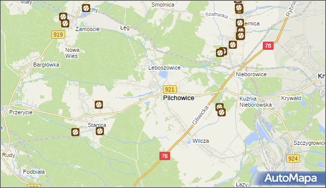 mapa Pilchowice powiat gliwicki, Pilchowice powiat gliwicki na mapie Targeo