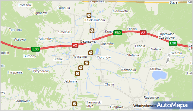 mapa Piorunów gmina Władysławów, Piorunów gmina Władysławów na mapie Targeo