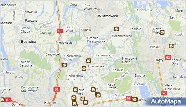 mapa Pisarzowice gmina Wilamowice, Pisarzowice gmina Wilamowice na mapie Targeo