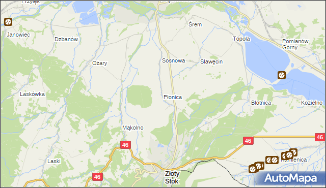 mapa Płonica gmina Złoty Stok, Płonica gmina Złoty Stok na mapie Targeo