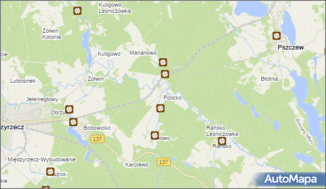 mapa Policko gmina Pszczew, Policko gmina Pszczew na mapie Targeo