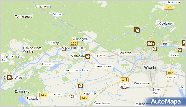 mapa Popowo gmina Wronki, Popowo gmina Wronki na mapie Targeo